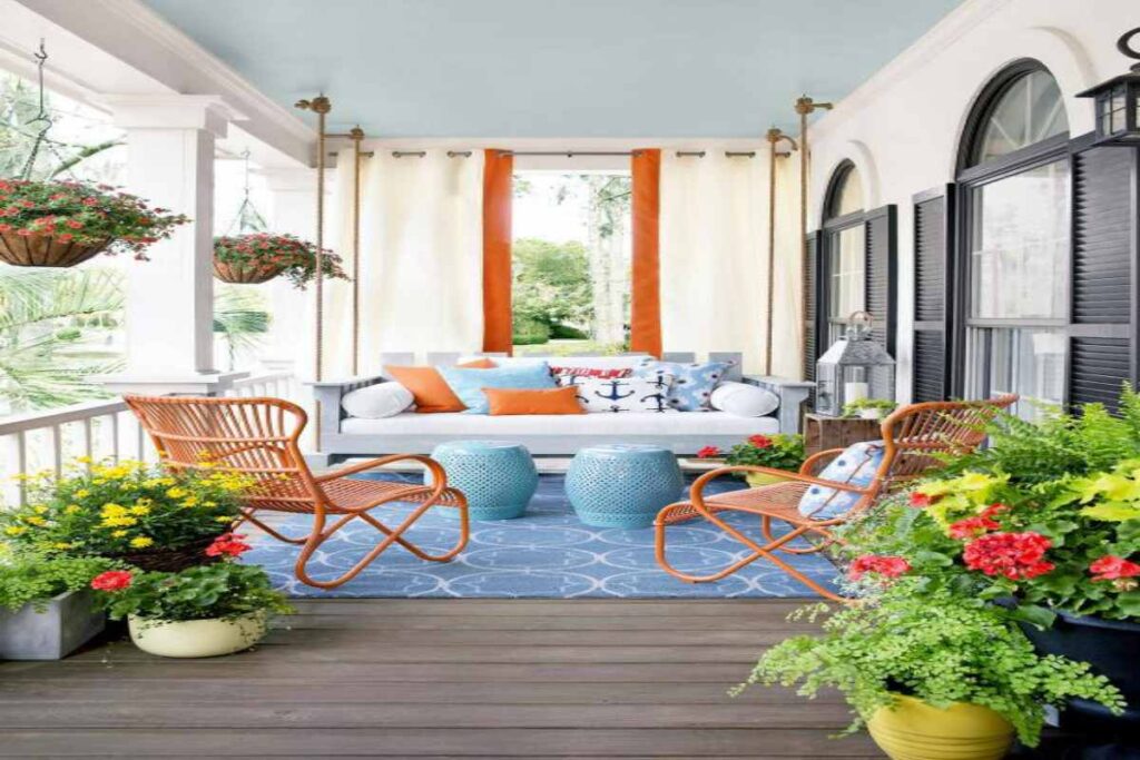 A picture of a colorful front porch