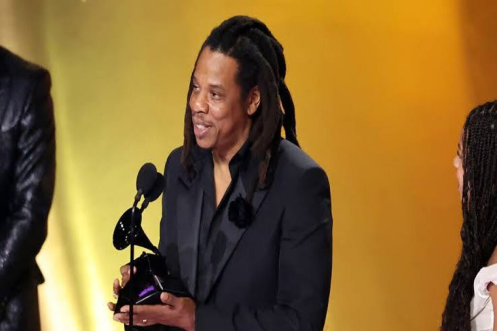 A picture of Jay-Z giving his speech at the Grammys