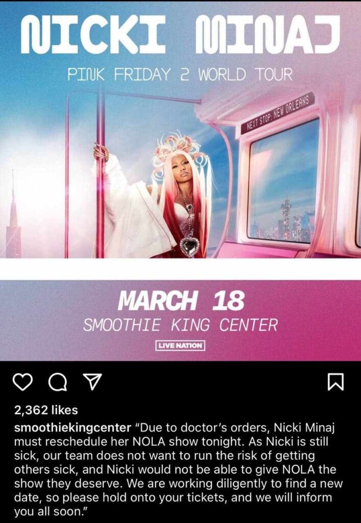 A picture of Nicki Minaj's Nola show cancellation post