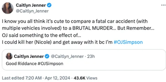 A Picture of Caitlyn Jenner's Tweet about O.J Simpson