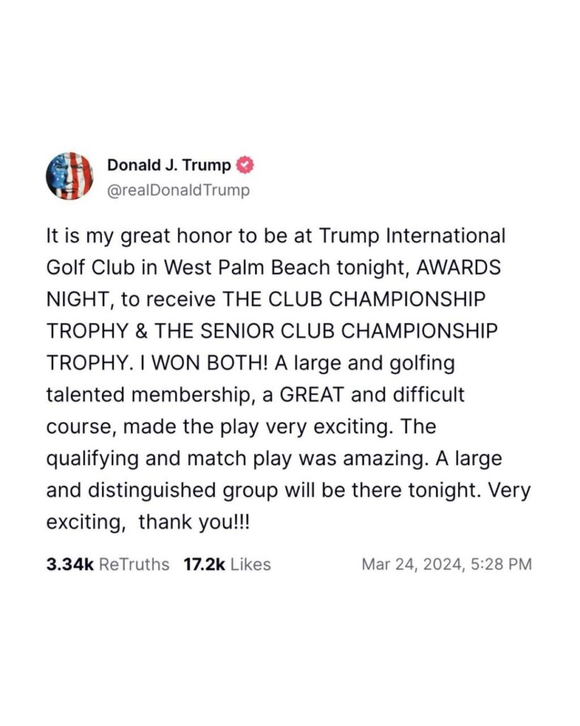 A picture of Trump's speech after golf award