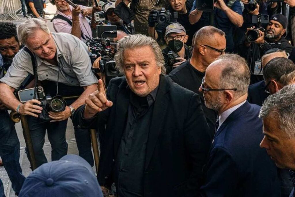 A picture of Bannon speaking to reporters