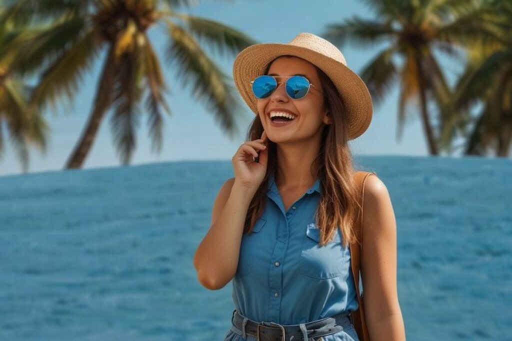 A picture showing a lady on a hat and sunglasses