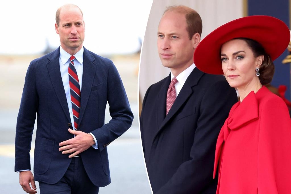 A collage of a photo of Prince William and and a shot of him with his wife