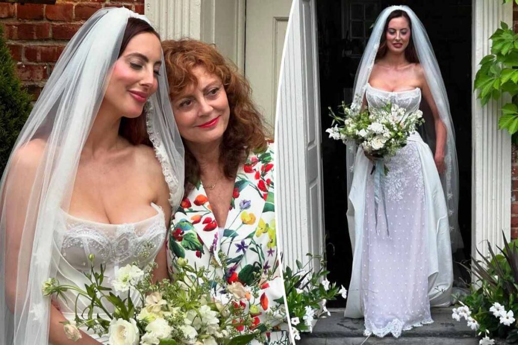 A collage of pictures that capture Eva Amurri on her wedding day and the bride posing with her mother