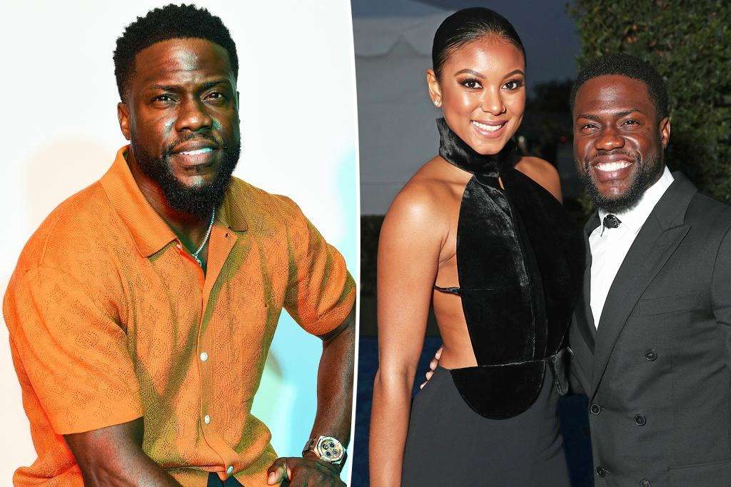 A collage of photo of Kevin Hart and a shot of him posing with his wife