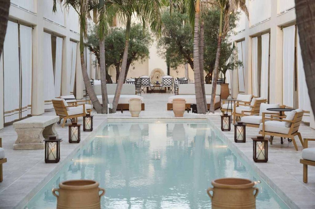 A pool area in an hotel