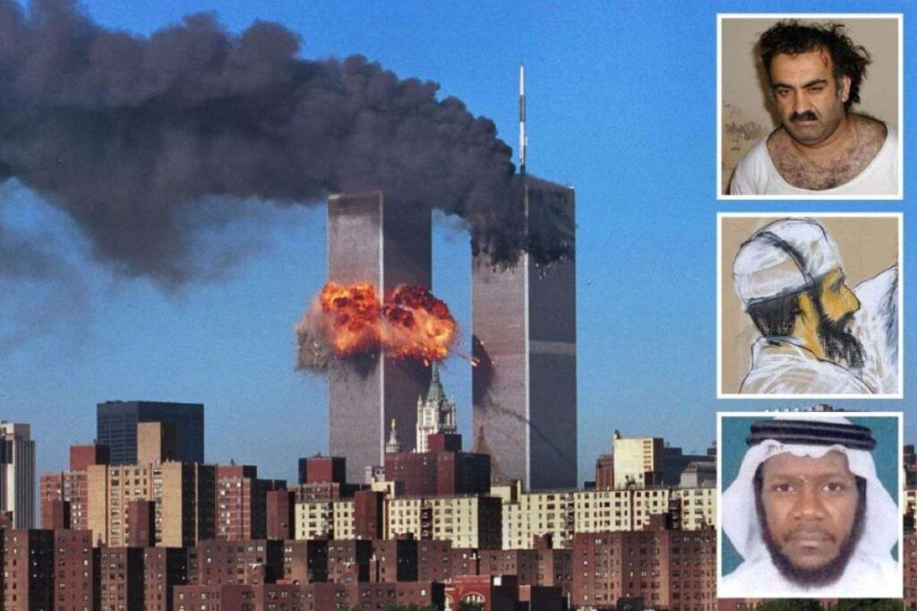 The world trade center on fire and a picture of men hought to be behind its destruction