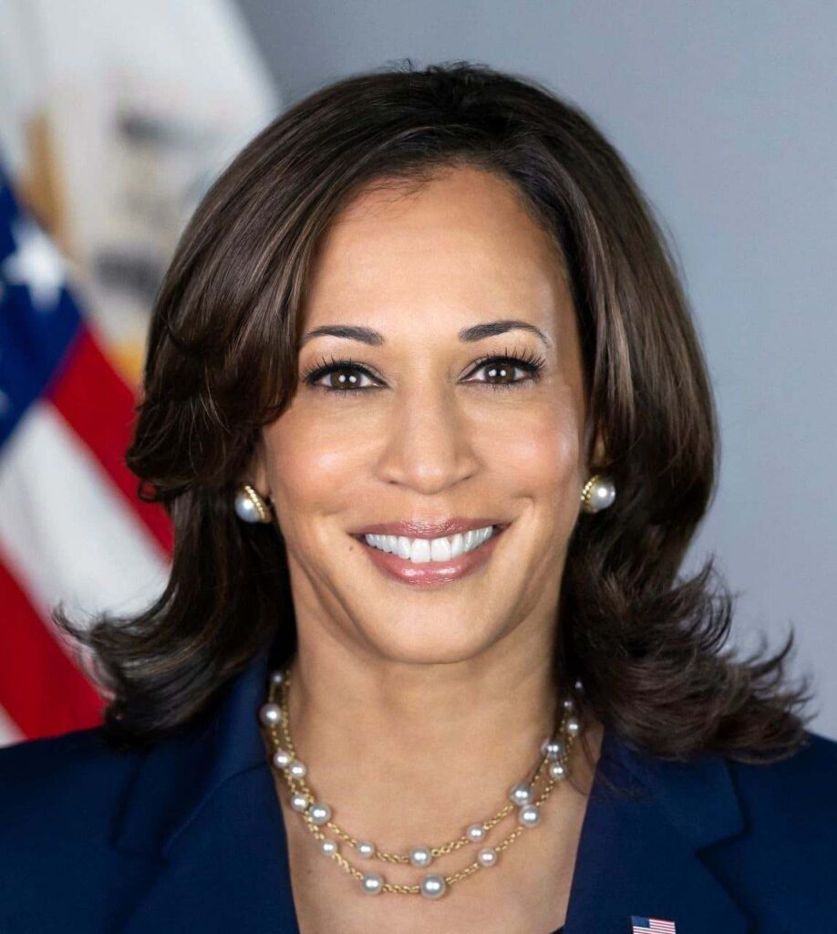 A portrait of a smiling Kamala Harris