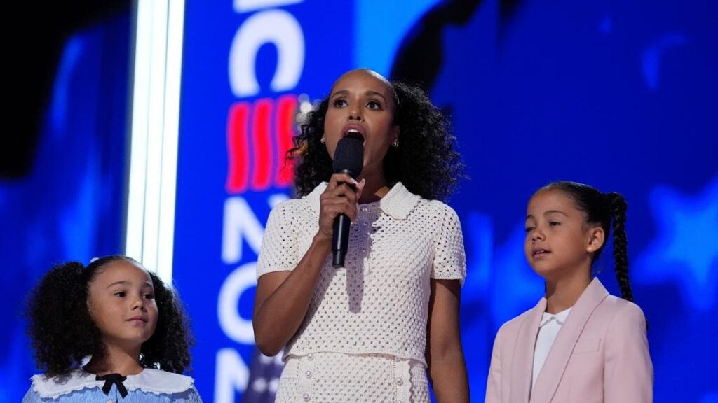 Kerry Washington with Kamala Harris grandnieces on stage at the DNC