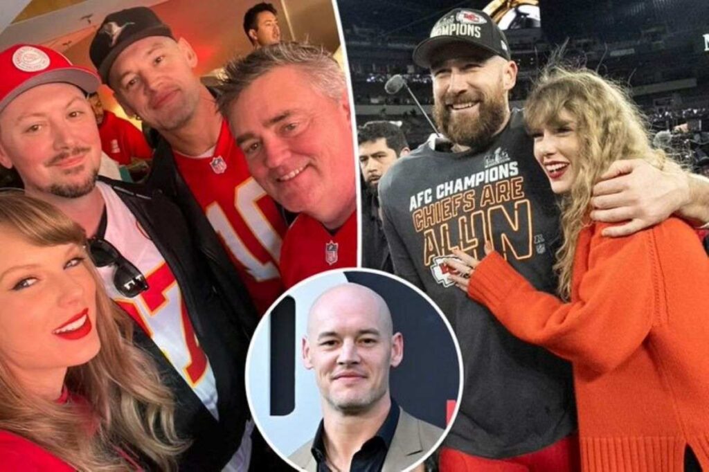 A collage of a shot Corbin posted after his meeting with Swift, a shot if Swift with her beau Travis Kelce and a smaller picture of Corbin