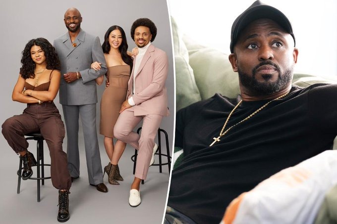 A collage of a shot of Wayne Brady's family and a shot of him