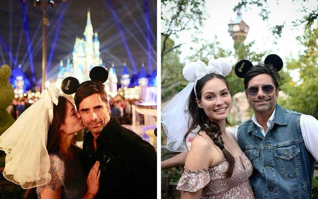 A collage of pictures featuring Stamos and his wife ontheir Disney honeymoon