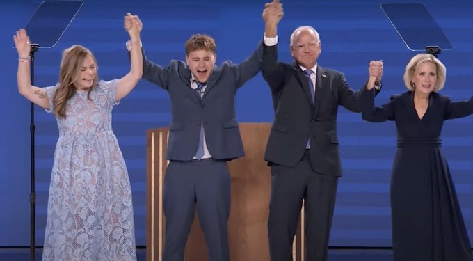 Tim Walz with his family on stage at the DNC 