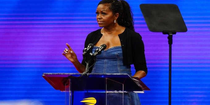 Michelle Obama delivering a speech during the DNC