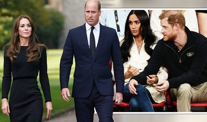 A collage of Prince Harry and Prince William with their wives