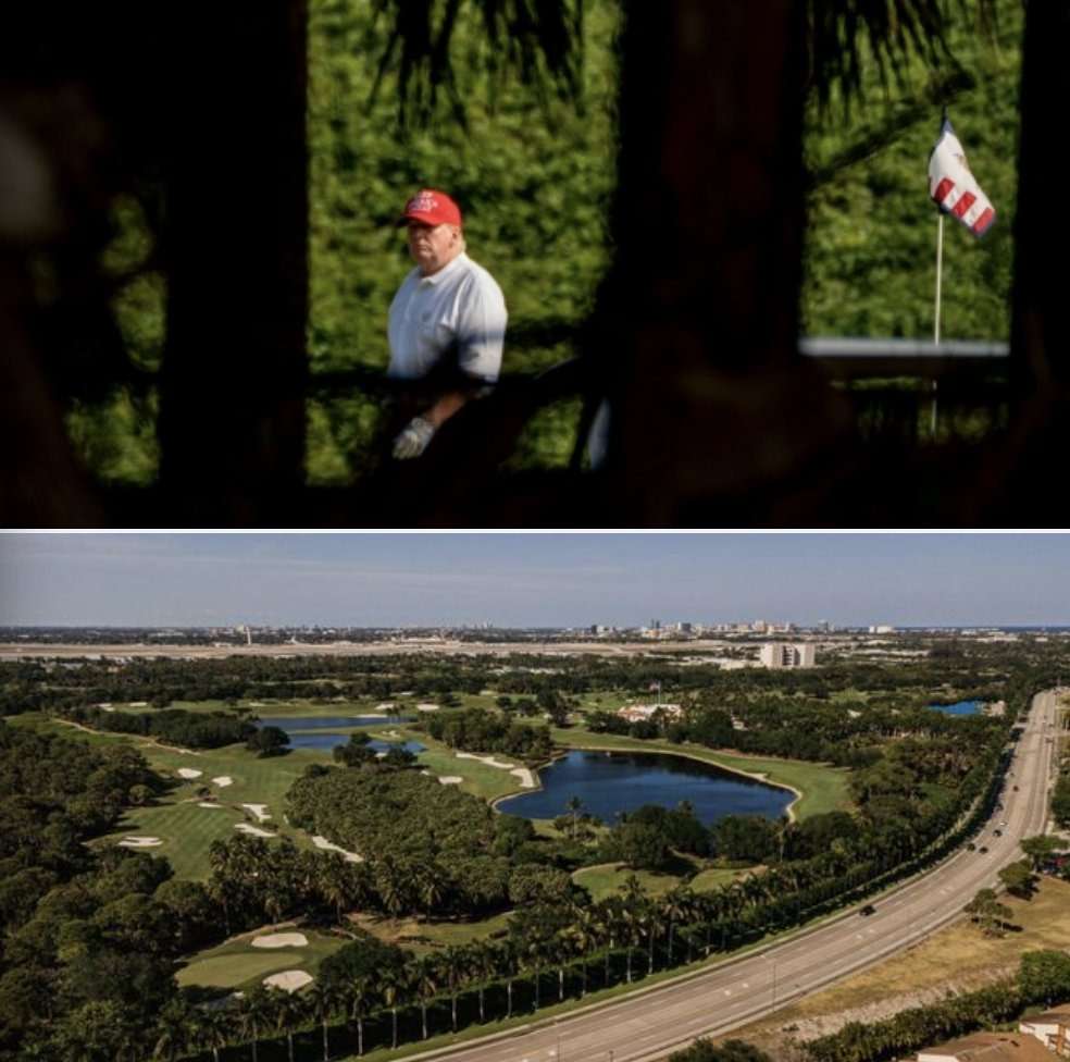 A collage of Trump at the scene of the second potential attempt on his life and a bird's eye view of the location