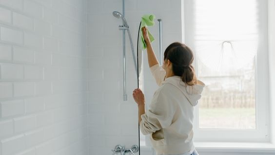 A woman busy with cleaning