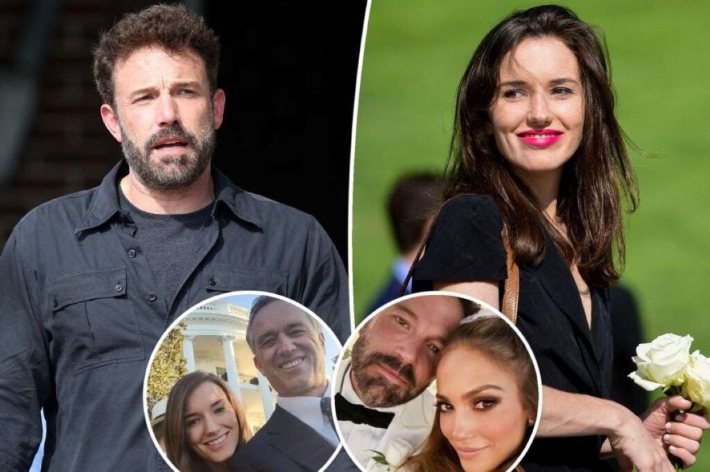 A collage of Kick Kennedy, Affleck, her father and J.Lo