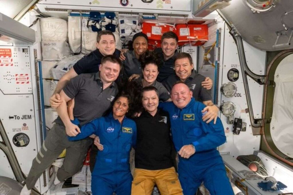 Suni Williams and Butch Wilmore with the crew-9 astronauts and other crew members aboard the ISS