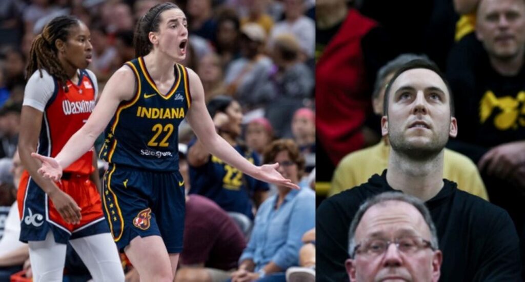 A collage of Caitlin Clark on the pitch and her boyfriends seated among the audience