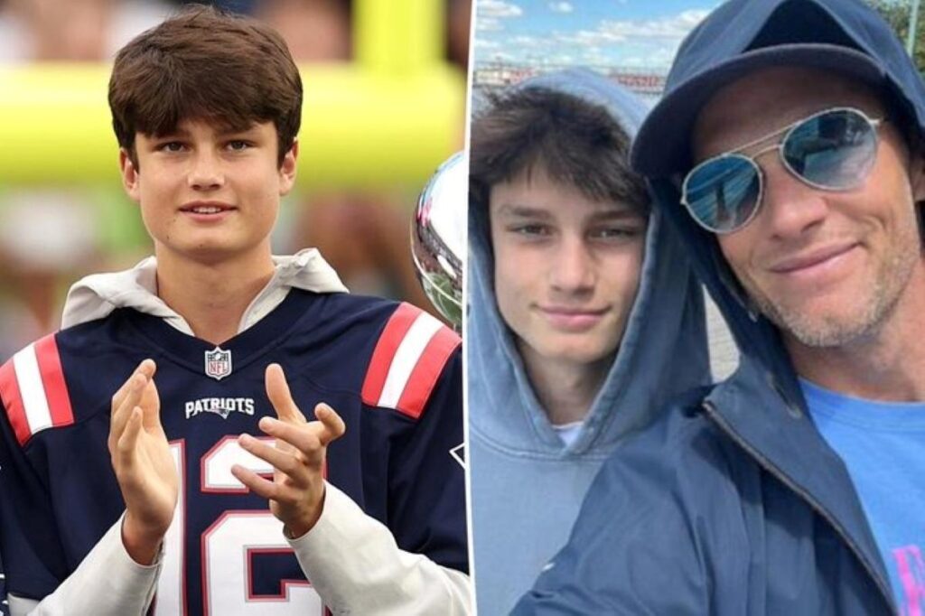 A collage of a shot of Tom Brady's oldest son with a picture of him with his dad