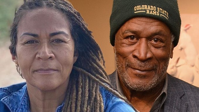 A collage of John Amos and his daughter