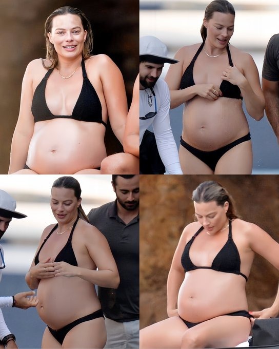 A collage of Margot Robbie showing off her baby bump in a black swimsuit