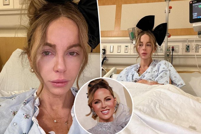 A collage of photos showing Kate Beckinsale in a hospital bed