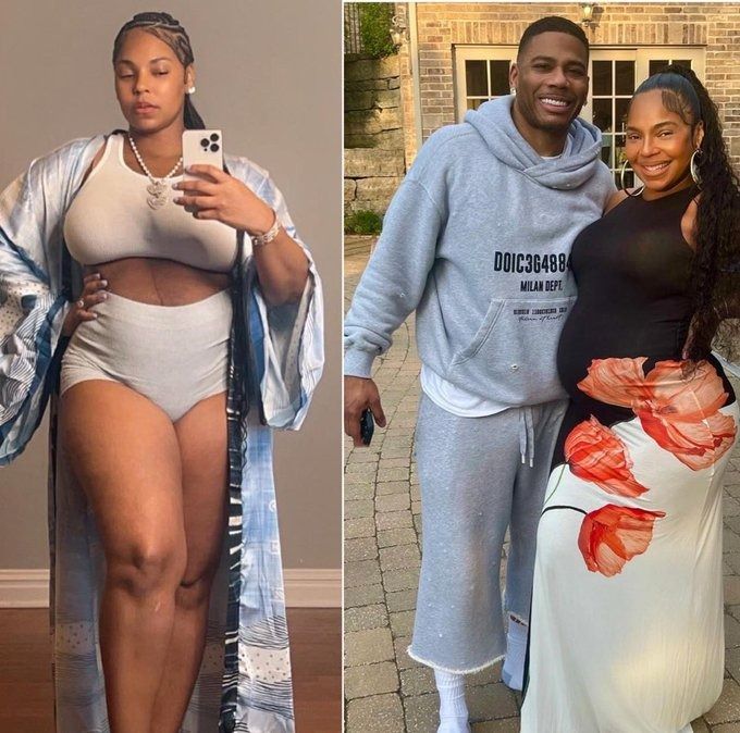 A collage of a shot of Ashanti's post-partum body and a shot of her showcasing her babybump next to Nelly