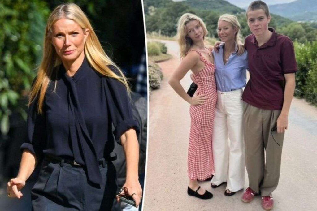 A collage of shots, one showing Paltrow posing with her kids and another showing her pictured alone